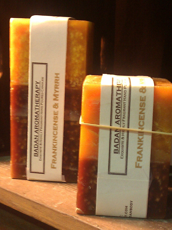FRANKINCENSE & MYRRH Gold/Brown Square Fall Pillar Candle 3x6.5 - BadanBody