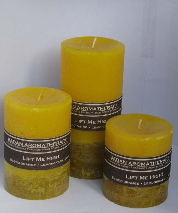 Badan Lift Me High! Yellow Citrus Lemongrass Pillar Candle Set of 3, Fragrant Pillar Candles - BadanBody