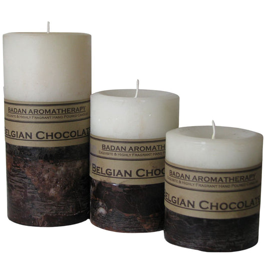 Candles: Belgian Chocolate & Sandalwood  Pillar Candle Set of 3 Ivory and Brown Gift Set