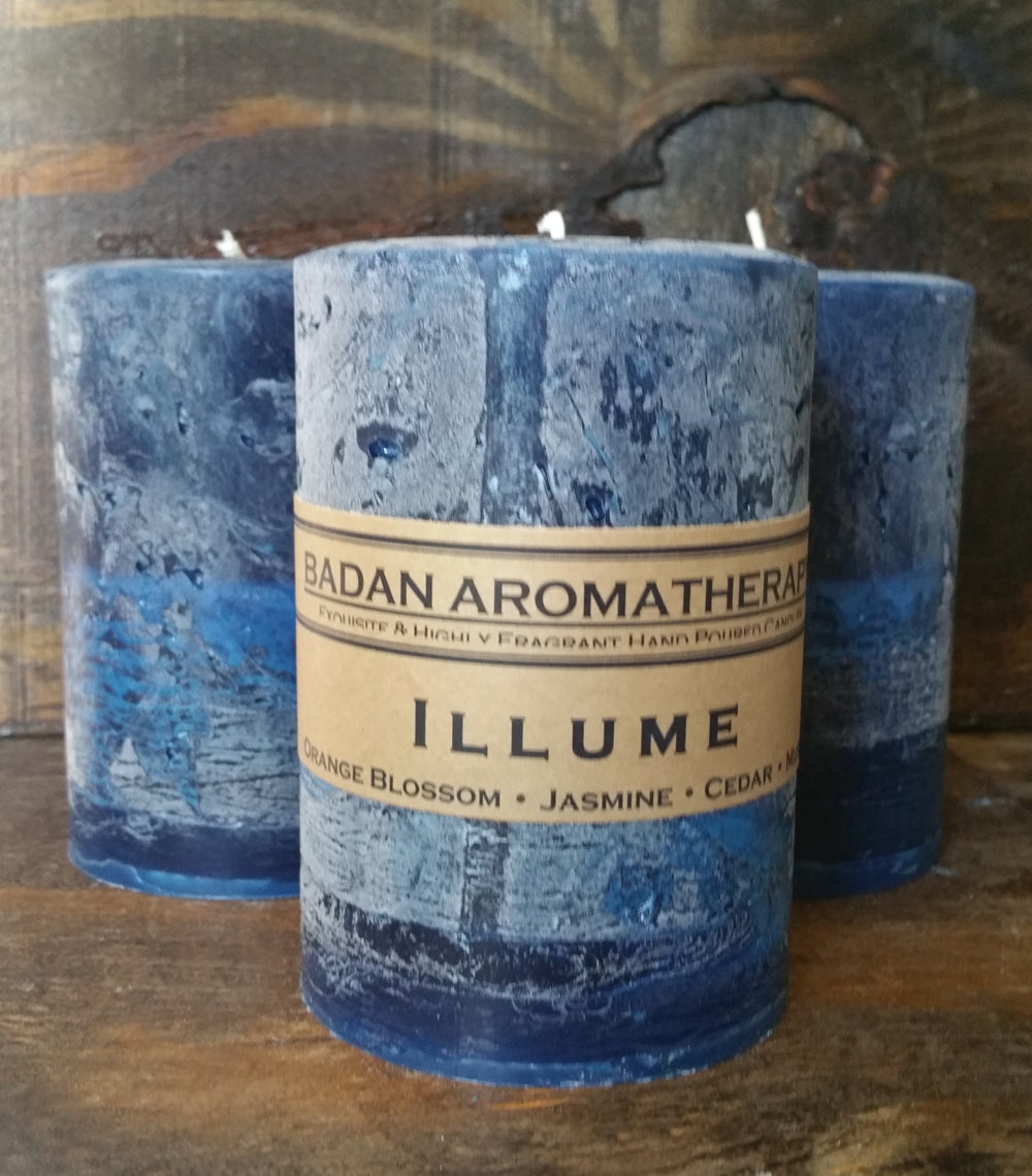 ILLUME Candle: Fragrant Dark Blue Amber Lotus Orange Blossom &  Ylang Ylang Pillar Candle 3x4.5