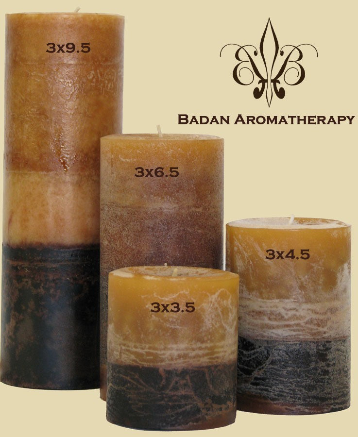 Candle: Dark Brown Sandalwood Round Pillar Candle 3x3.5 Rustic Finish - BadanBody