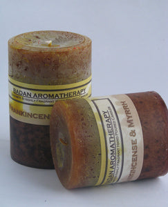 Candle Set of 4 FRANKINCENSE & MYRRH Gold Brown Pillar Candle, Hand Poured - BadanBody