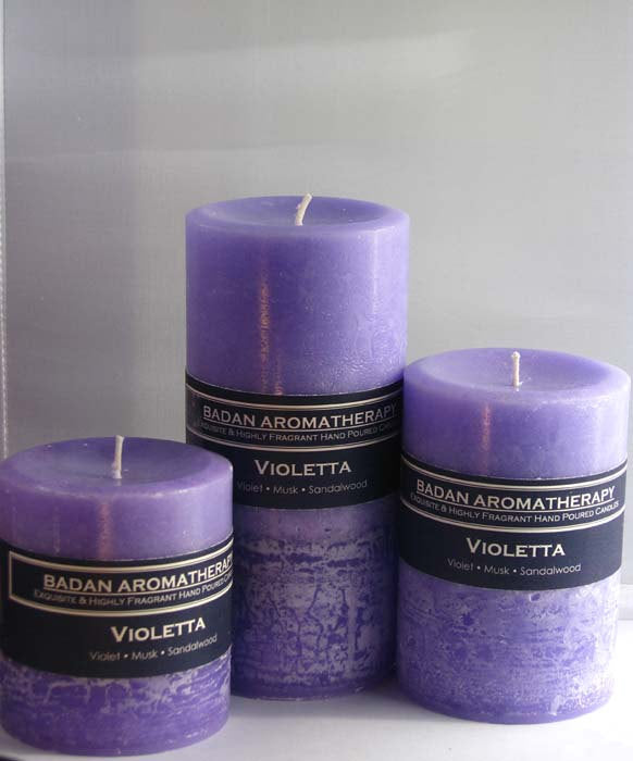 Violetta Violet and Sandalwood Scented Pillar Candle Set, Purple, 3 Candle Set - BadanBody