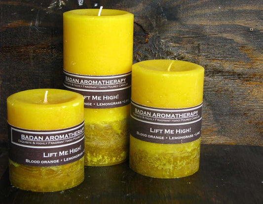 Badan Lift Me High! Yellow Citrus Lemongrass Pillar Candle Set of 3, Fragrant Pillar Candles - BadanBody