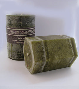 Octagon Olive Green Oakmoss Sage & Sweetgrass Fragrant Pillar Candle, 3x4 Earthy Sensual - BadanBody