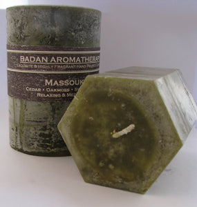 Octagon Olive Green Oakmoss Sage & Sweetgrass Fragrant Pillar Candle, 3x4 Earthy Sensual - BadanBody